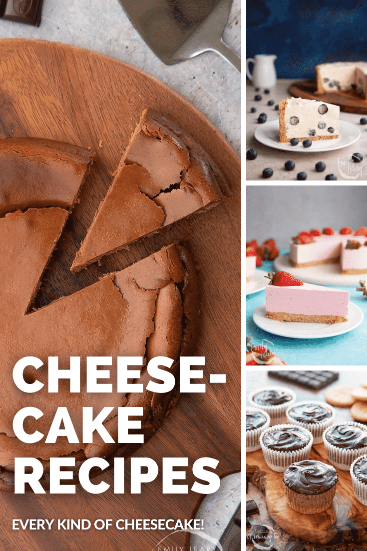 Combination of four images of different cheesecake recipes used to promote the cheesecake category page.