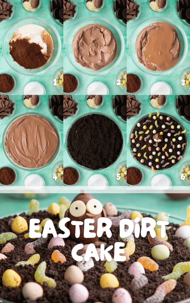 Process images for making the Easter dirt cake recipe inside the Easter recipes ebook.