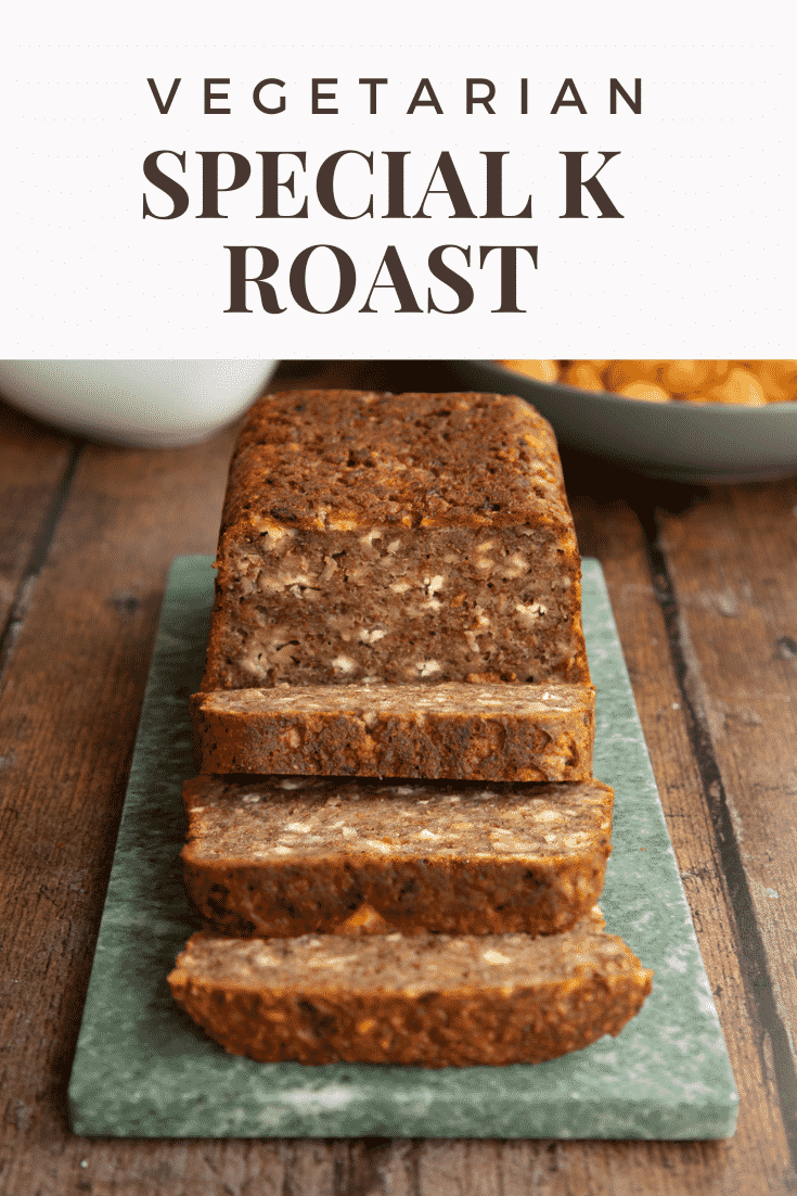 Pinterest image of the special k loaf with a image of the sliced loaf below some text describing the recipe.