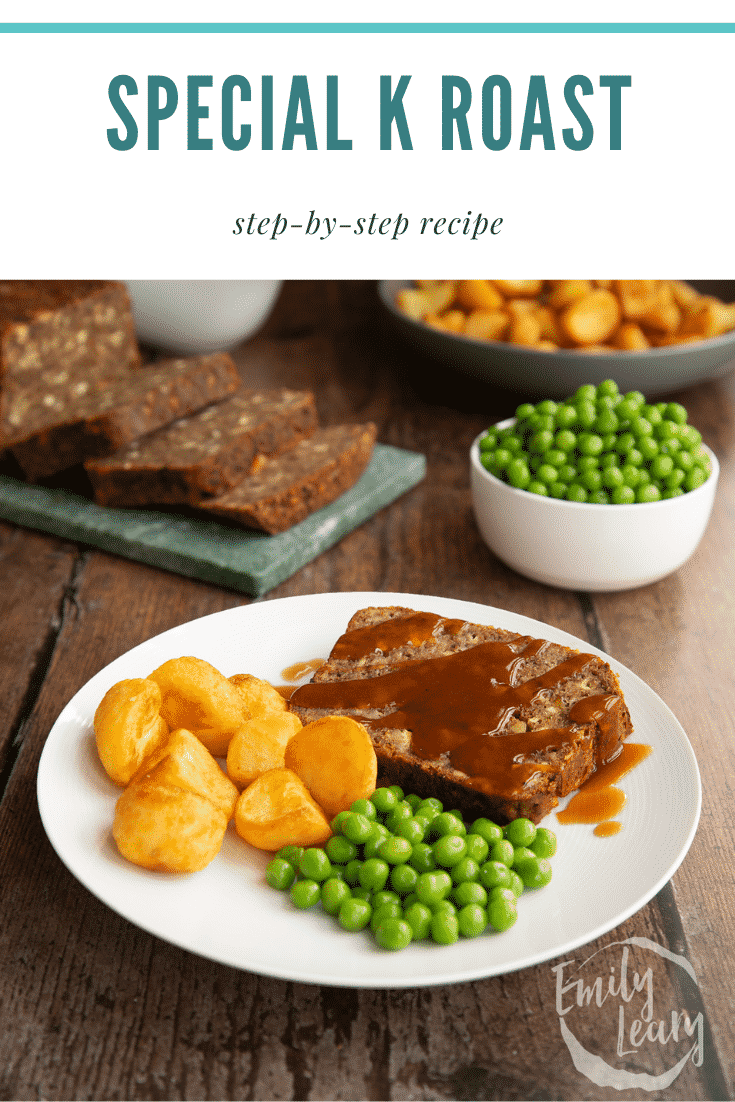 Pinterest image promoting the special k roast recipe with an image of the finished roast served with roast potatoes and peas below some text describing the recipe.