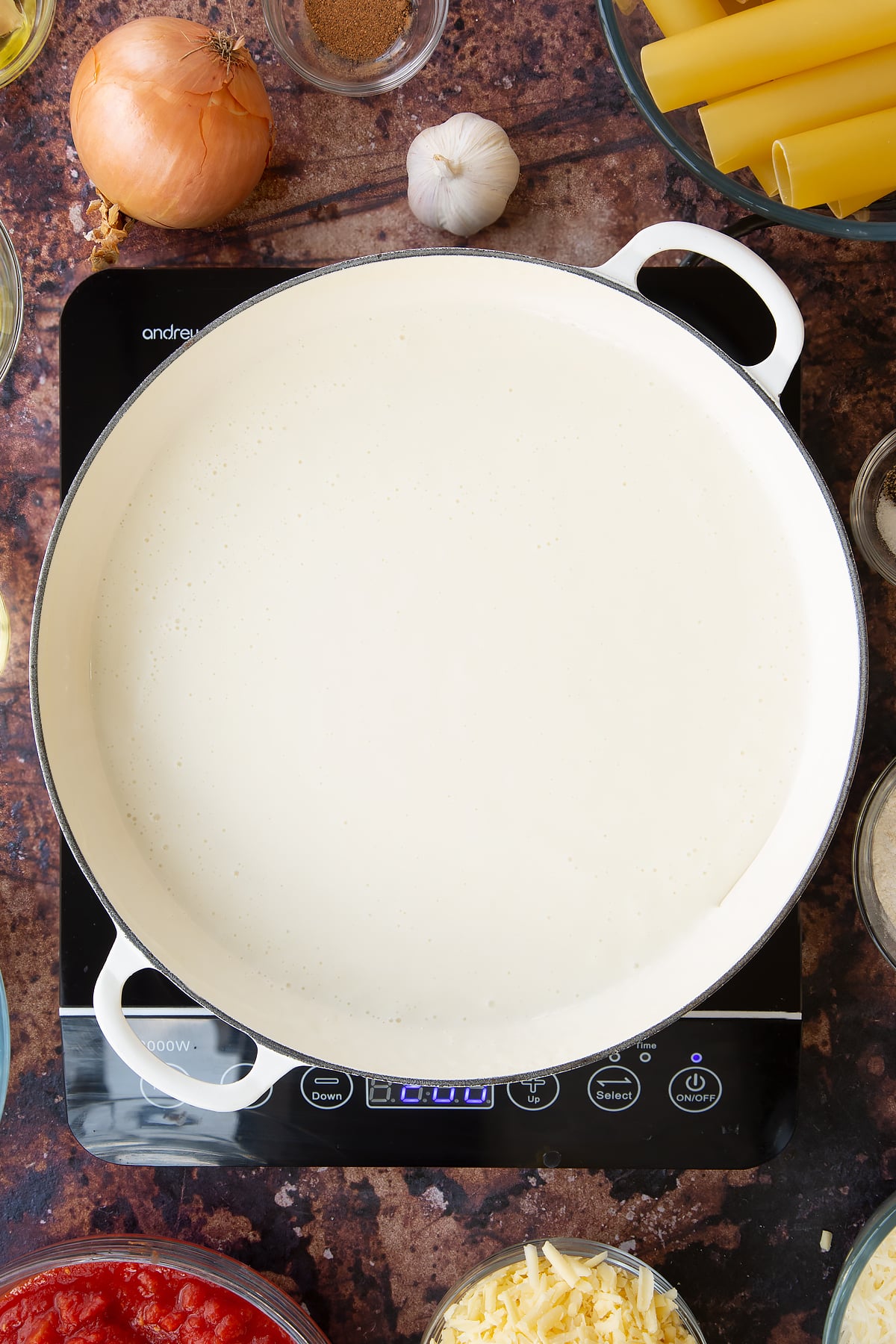 Overhead shot of the thickened ingredients in a pan.