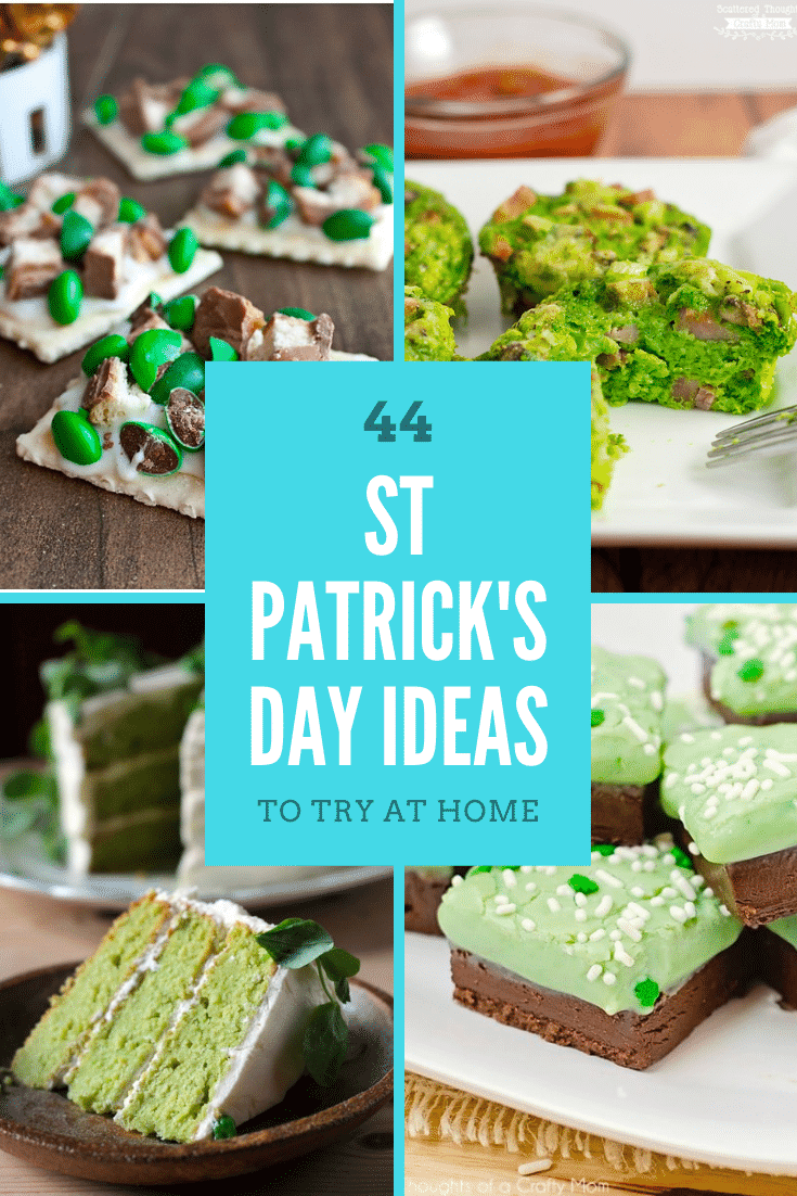 Pinterest image showing four different St Patrick's Day recipes. Over the top in the middle is a box with some text describing the image.