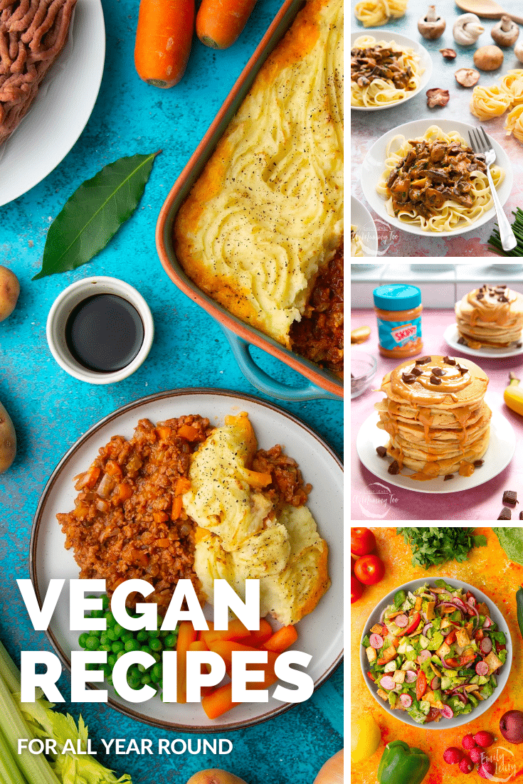 Combination of four images of different vegan recipes used to promote the vegan category page.