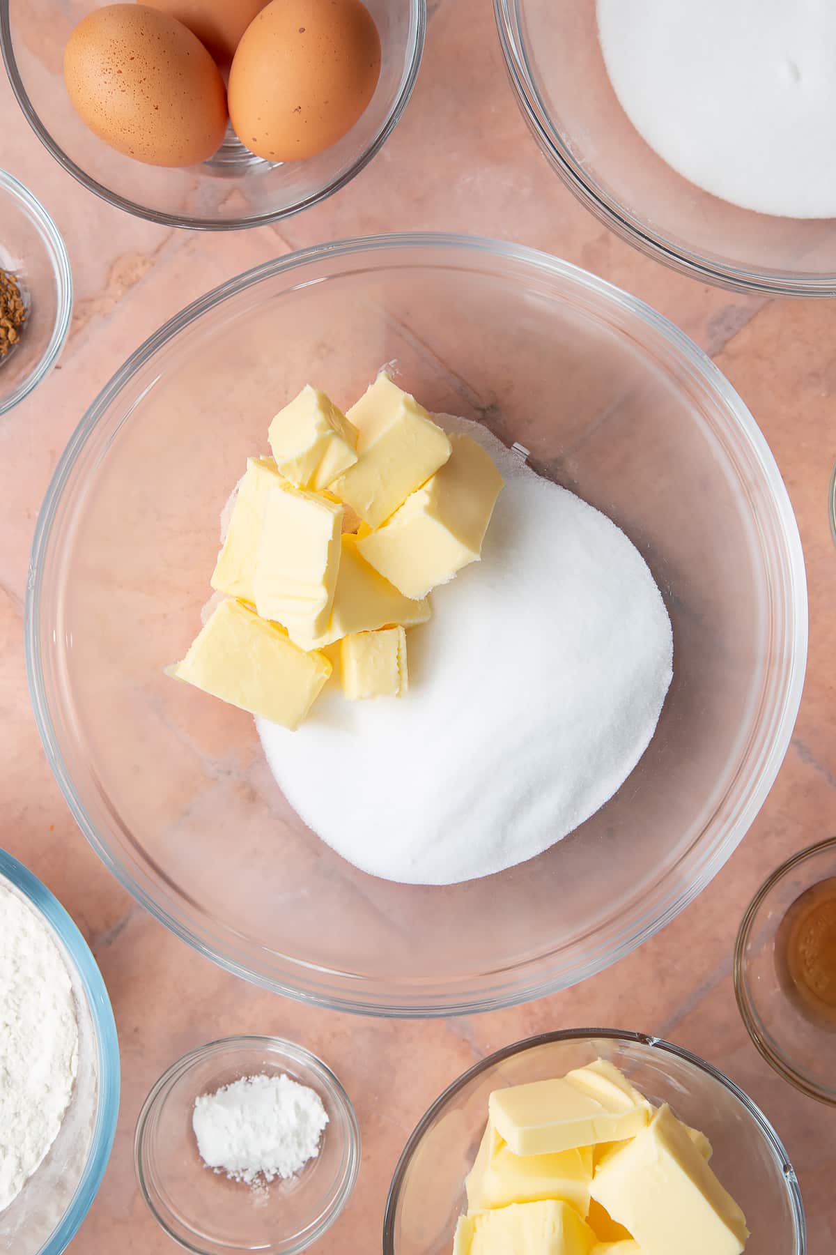 butter and sugar in a large clear bowl.