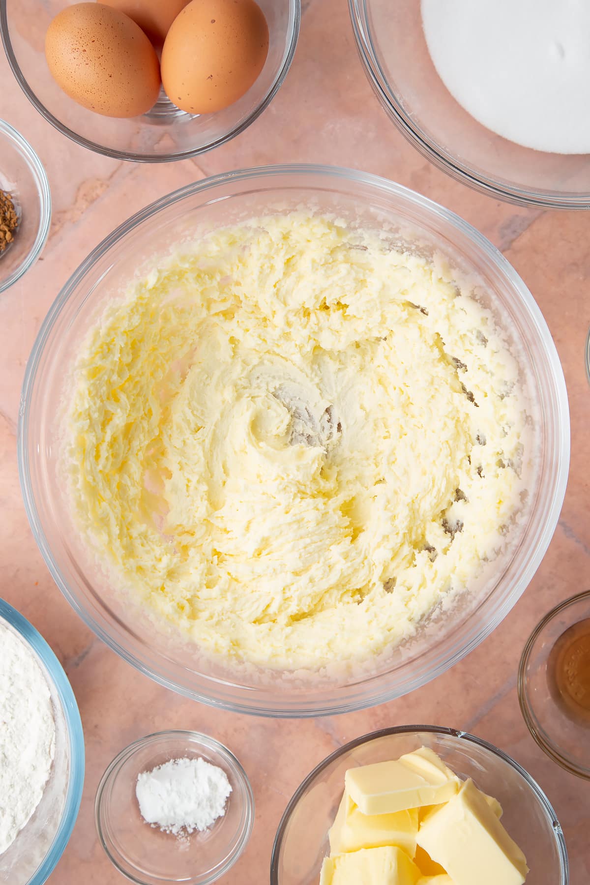 mixed butter and sugar in a large clear bowl.