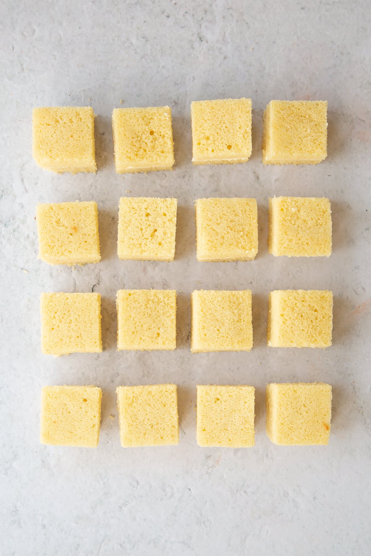 Cutting the sponge into 16 neat squares in a 4 x 4 pattern.