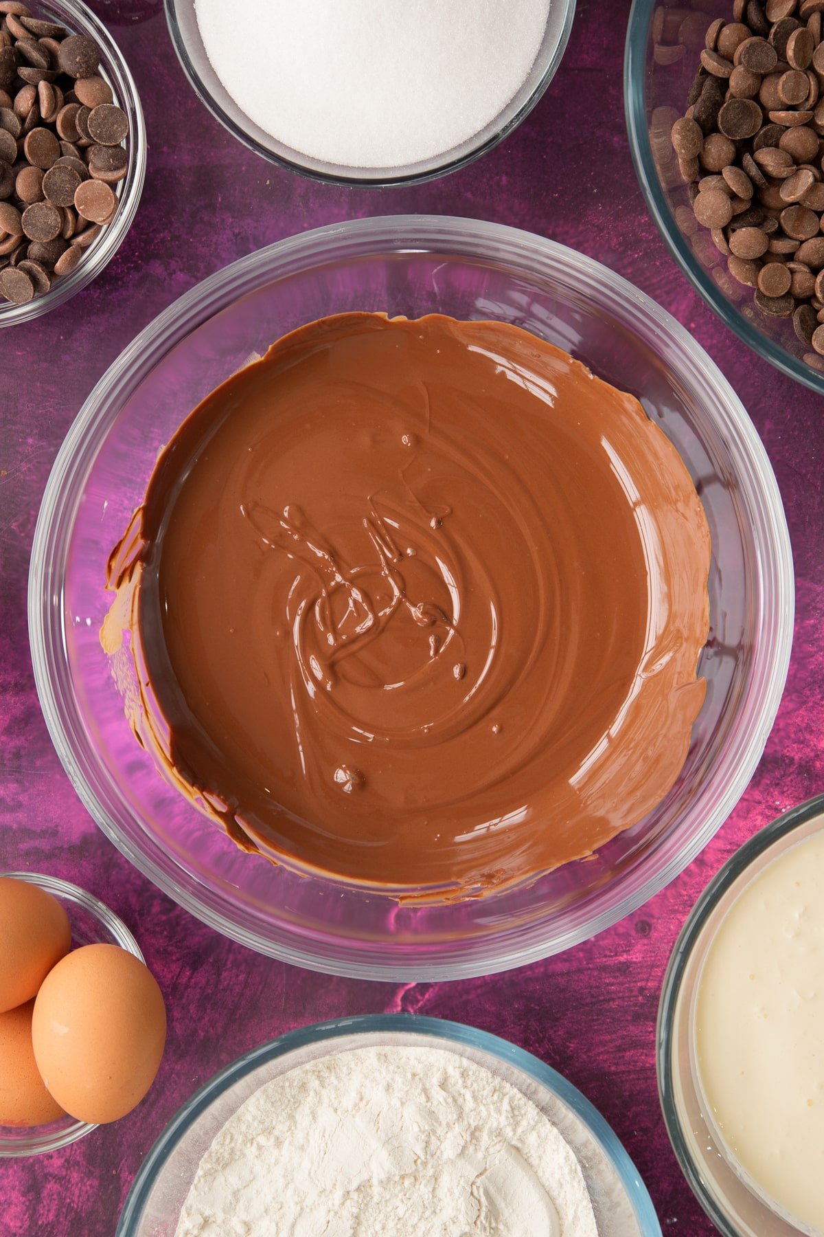 melted chocolate in a large clear bowl.