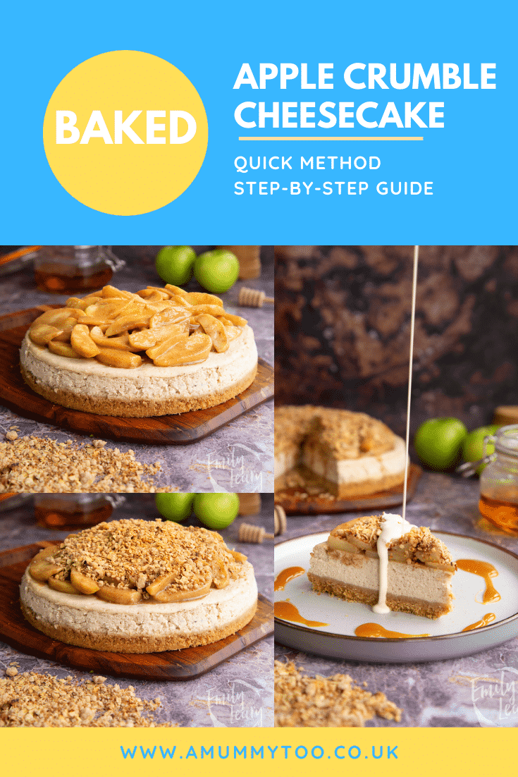 Pinterest image for the baked apple crumble cheesecake.