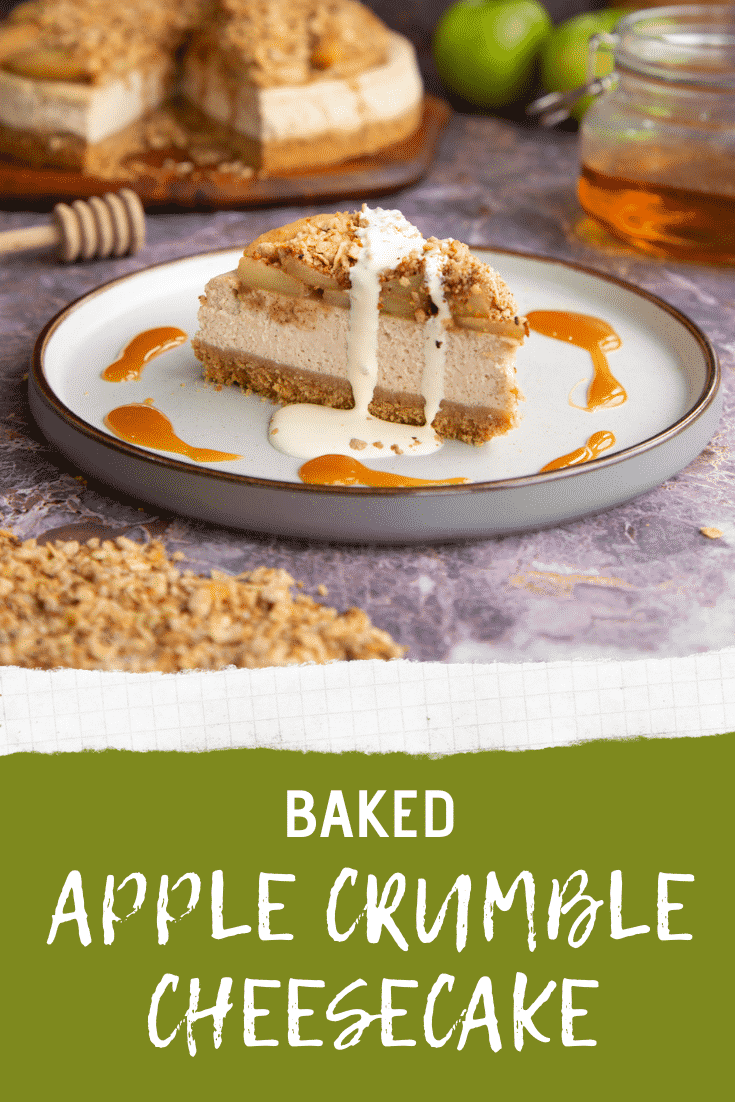 Pinterest image for the baked apple crumble cheesecake.