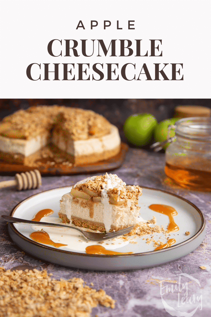 Pinterest image for the baked apple crumble cheesecake.