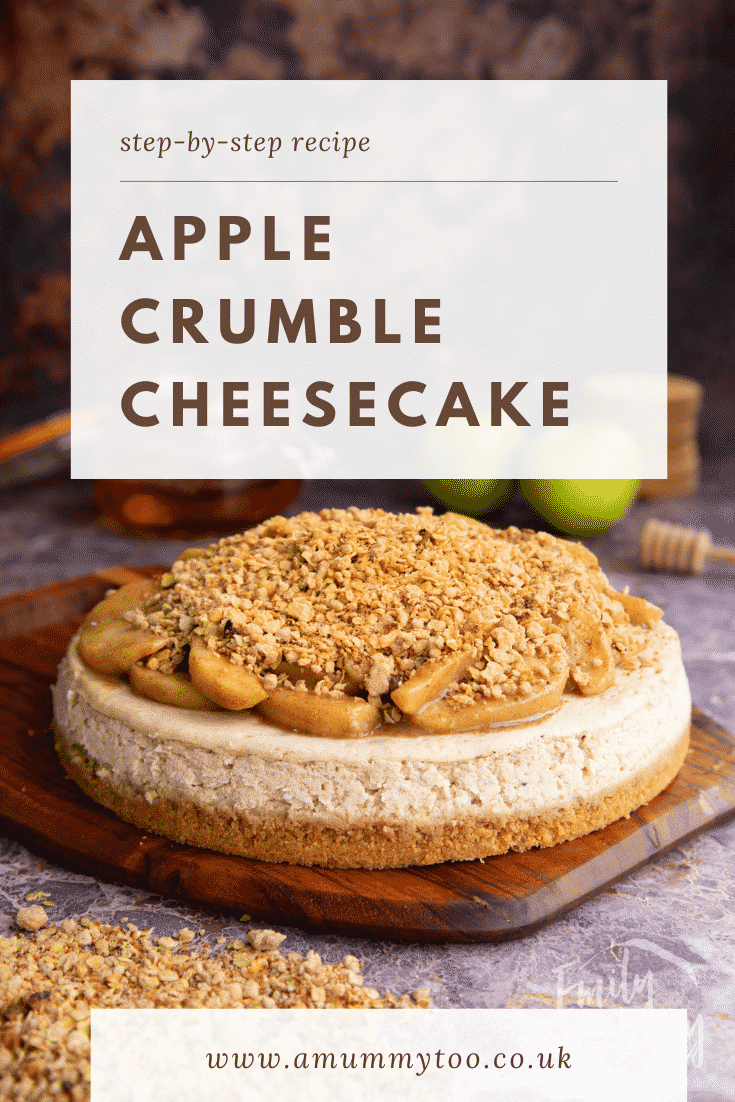 Pinterest image for the baked apple crumble cheesecake.