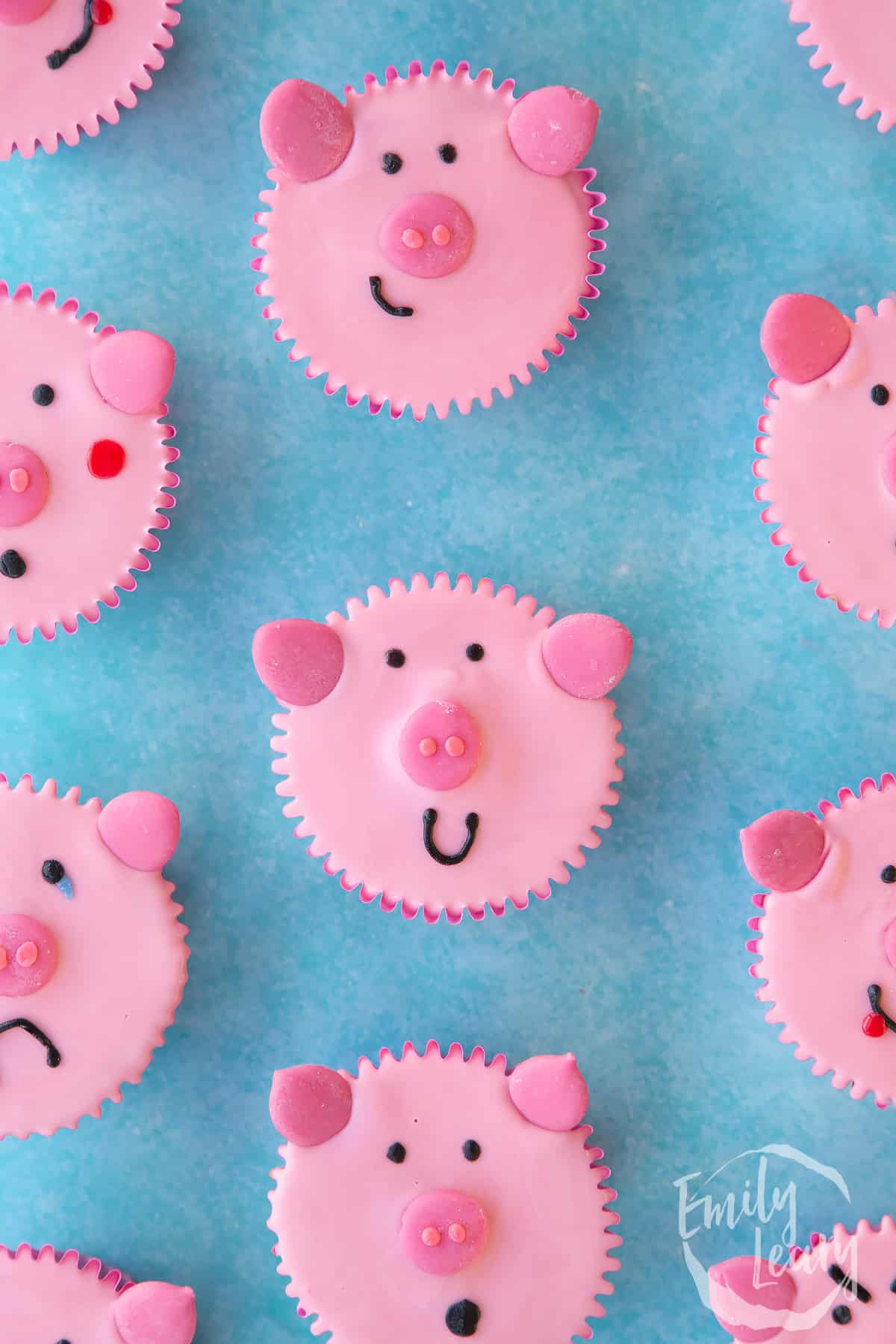 over head view of pink pink face cupcakes on a blue background.