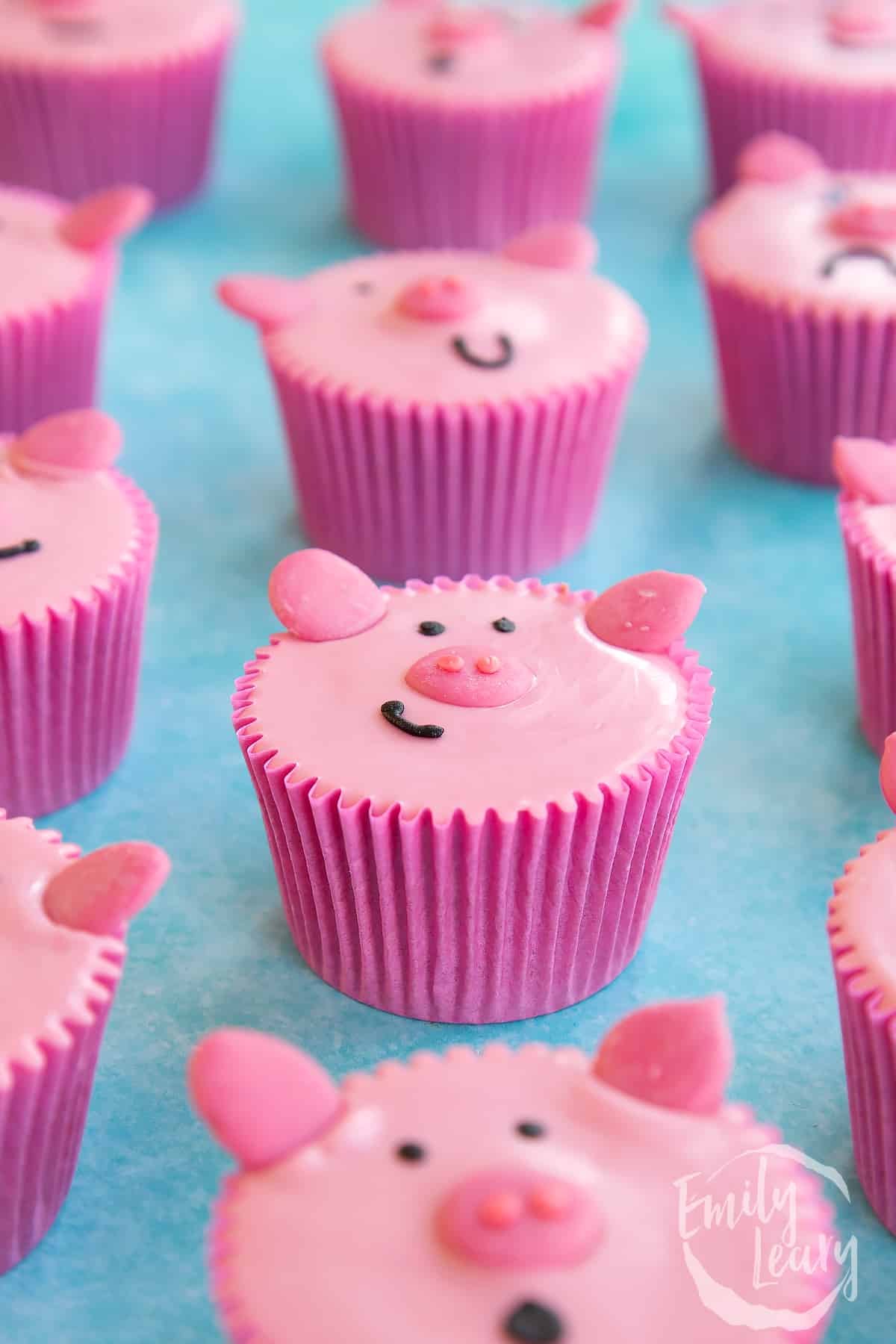 rows of Pink pig cupcakes recipe on a blue background.