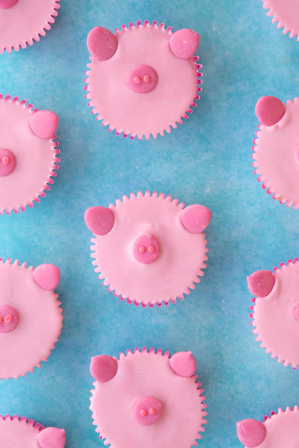 pink icing topped cupcakes with pink chocolate ears and nose.