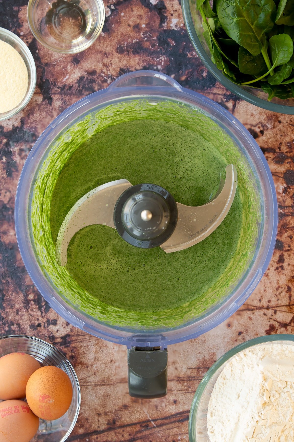 ccombined spinach and egg mixture in a food processor.