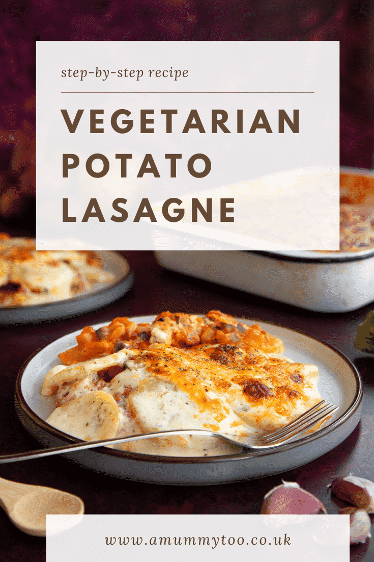 Pinterest image for the gluten free potato lasange with text at the top describing the image and a photo of the finished lasange at the bottom.