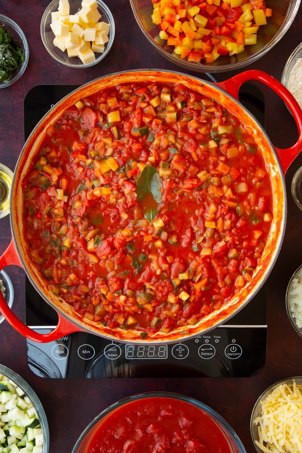 Overhead shot of the pan of ingredients having been left to simmer for 15 minutes. 