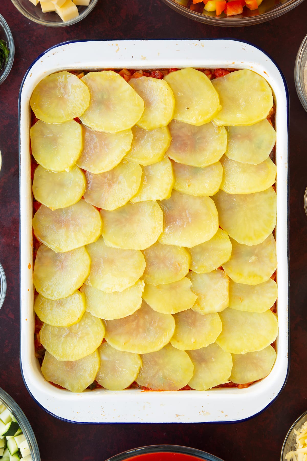 Overhead shot of the potatoes ontop of the assembled lasange.