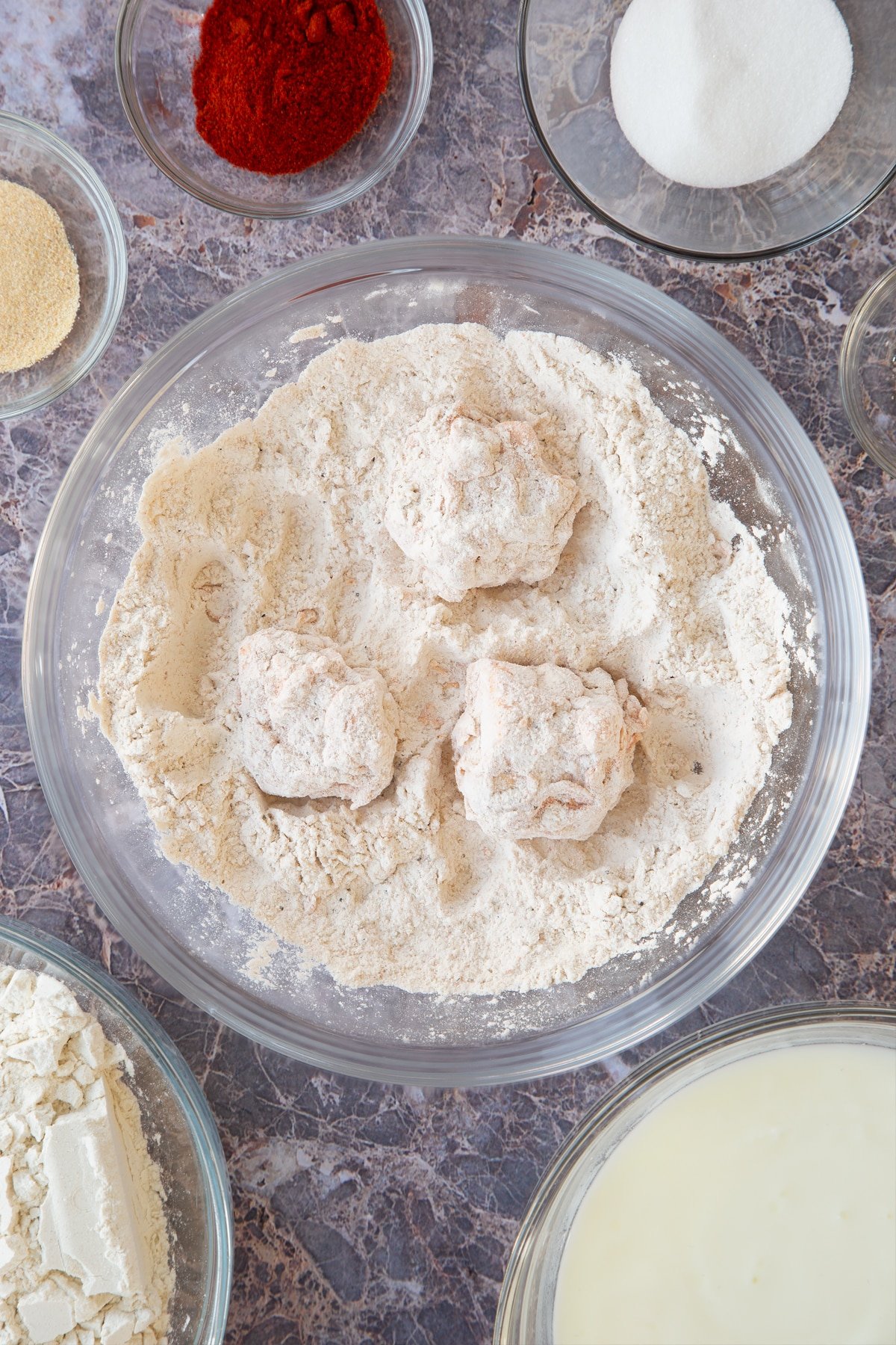 buttermilk marinated tofu pieces ocoated in a spiced flour mix.