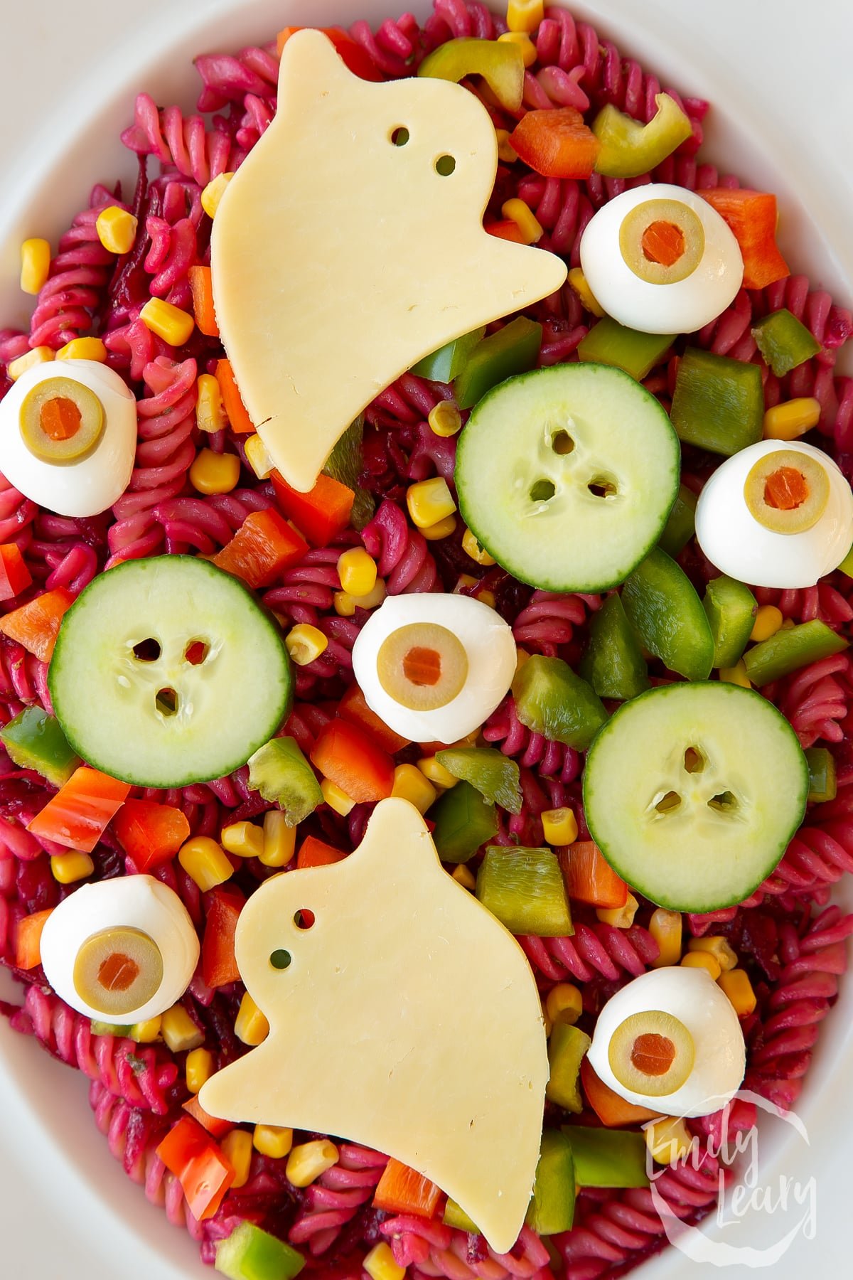 Overhead shot of the finished halloween salad.