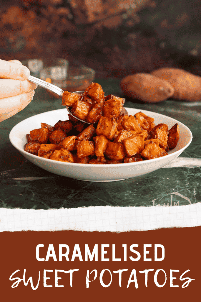 Pinterest image for caramelised sweet potatoes.