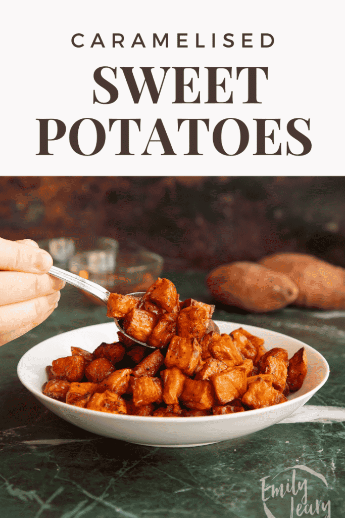 Pinterest image for caramelised sweet potatoes.