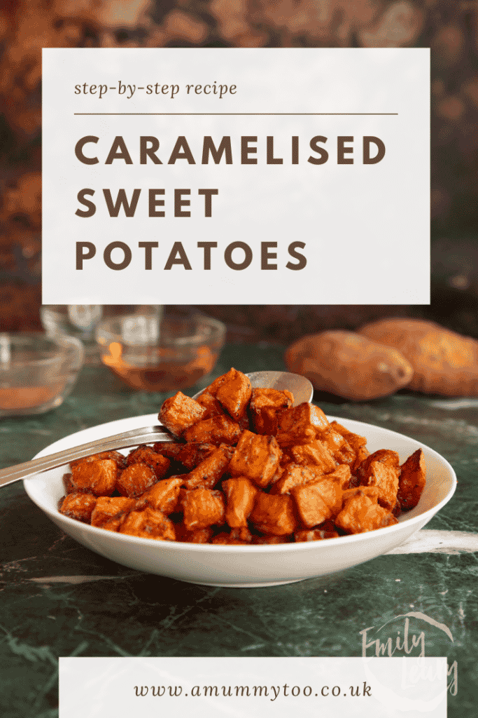 Pinterest image for caramelised sweet potatoes.