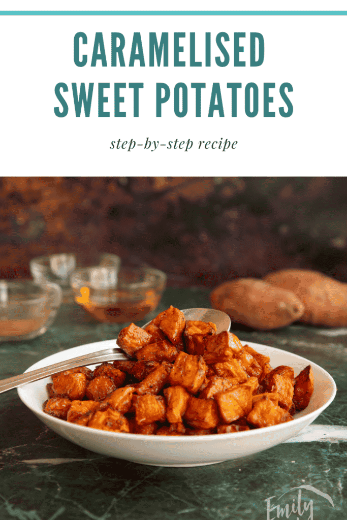 Pinterest image for caramelised sweet potatoes.