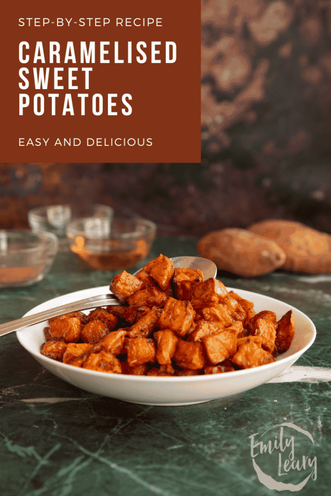 Pinterest image for caramelised sweet potatoes.