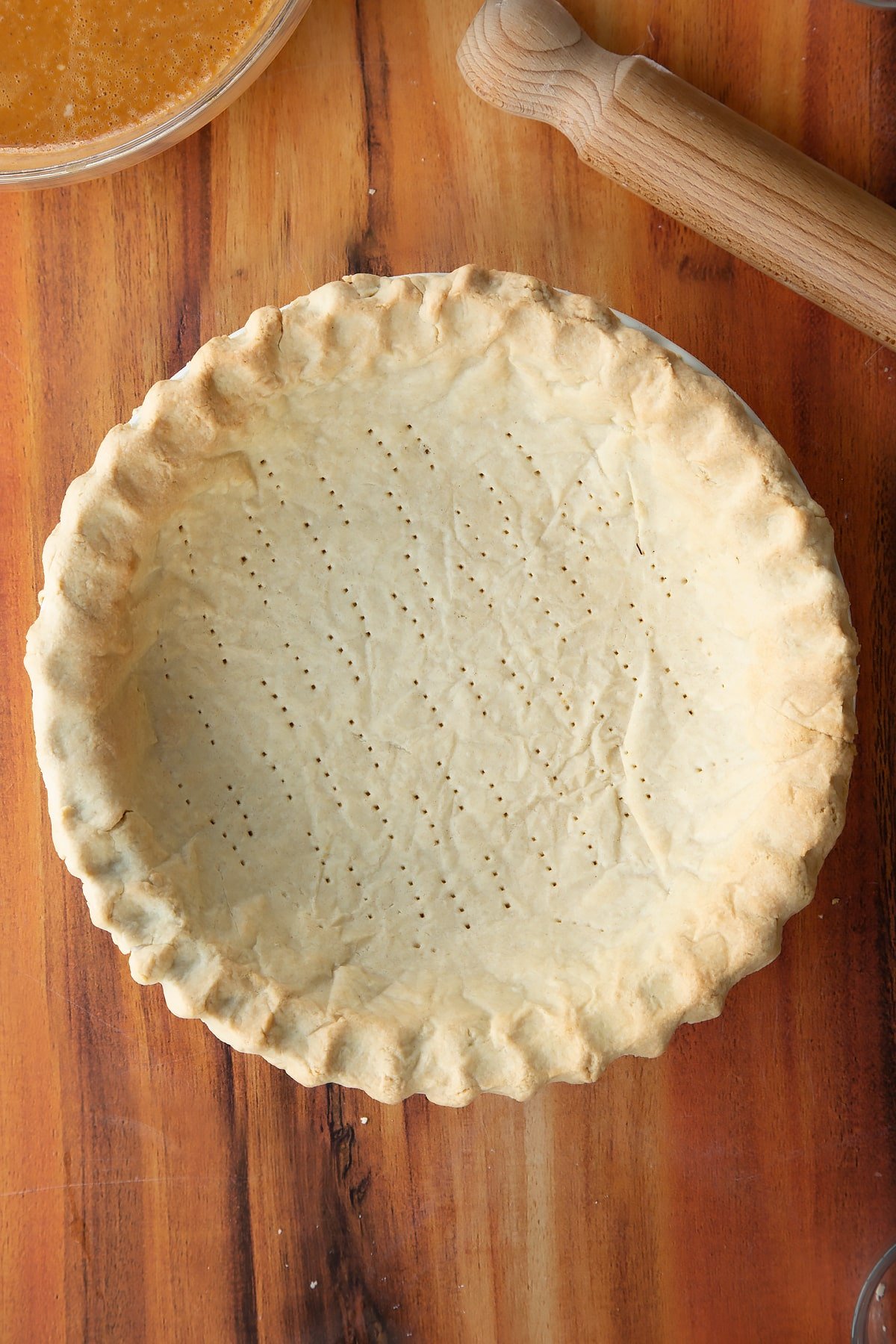 The caramel pumpkin pie dough having been baked in the oven for 20 minutes.