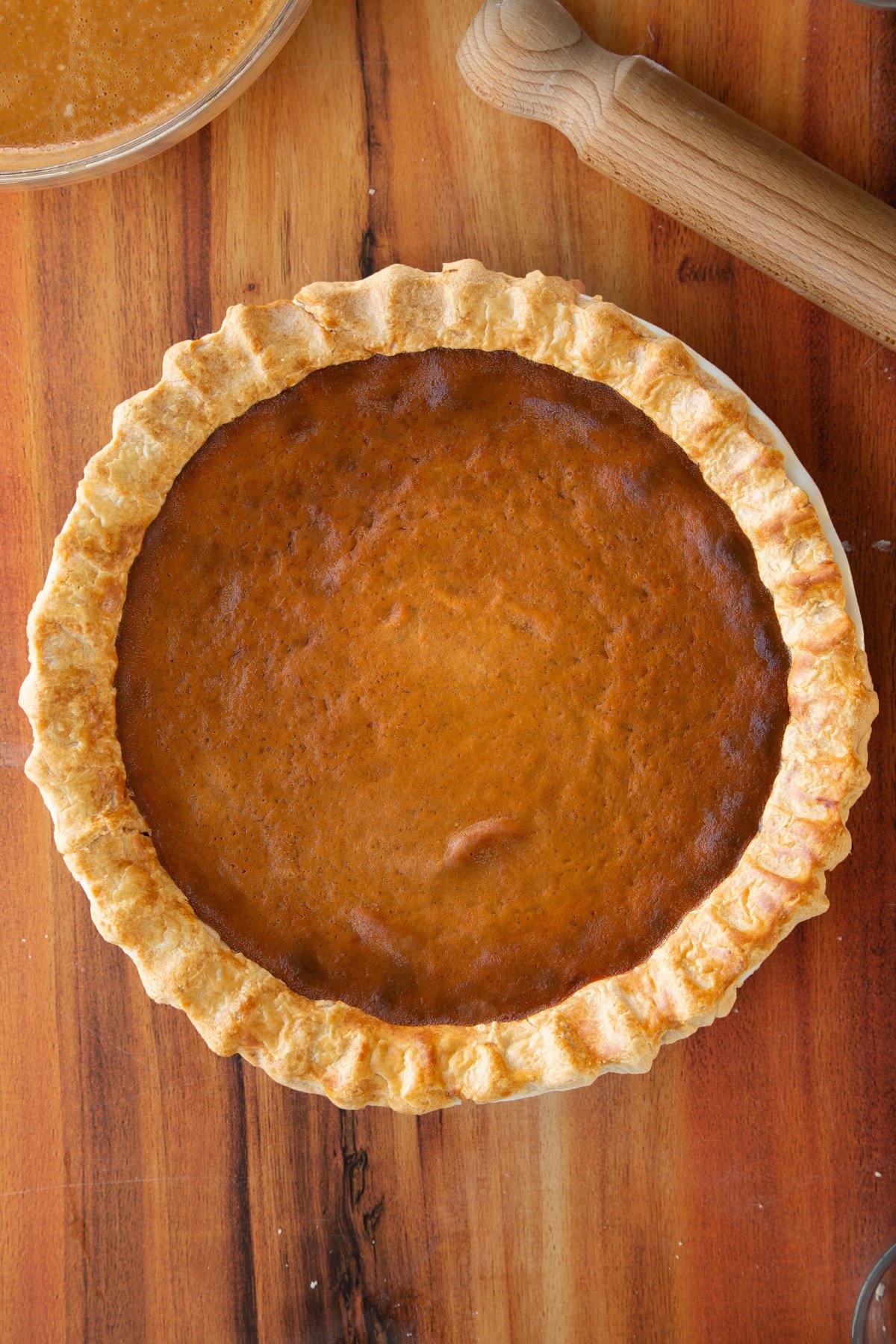 Caramel pumpkin pie having been baked in the oven.