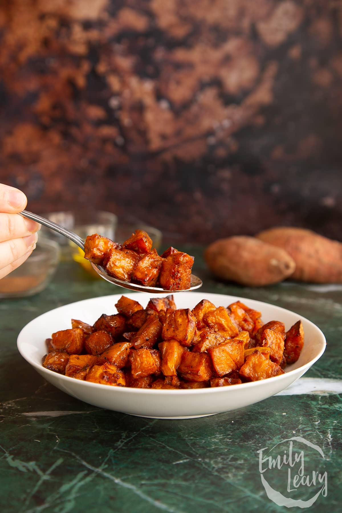 Finished bowl of caramelised sweet potatoes.