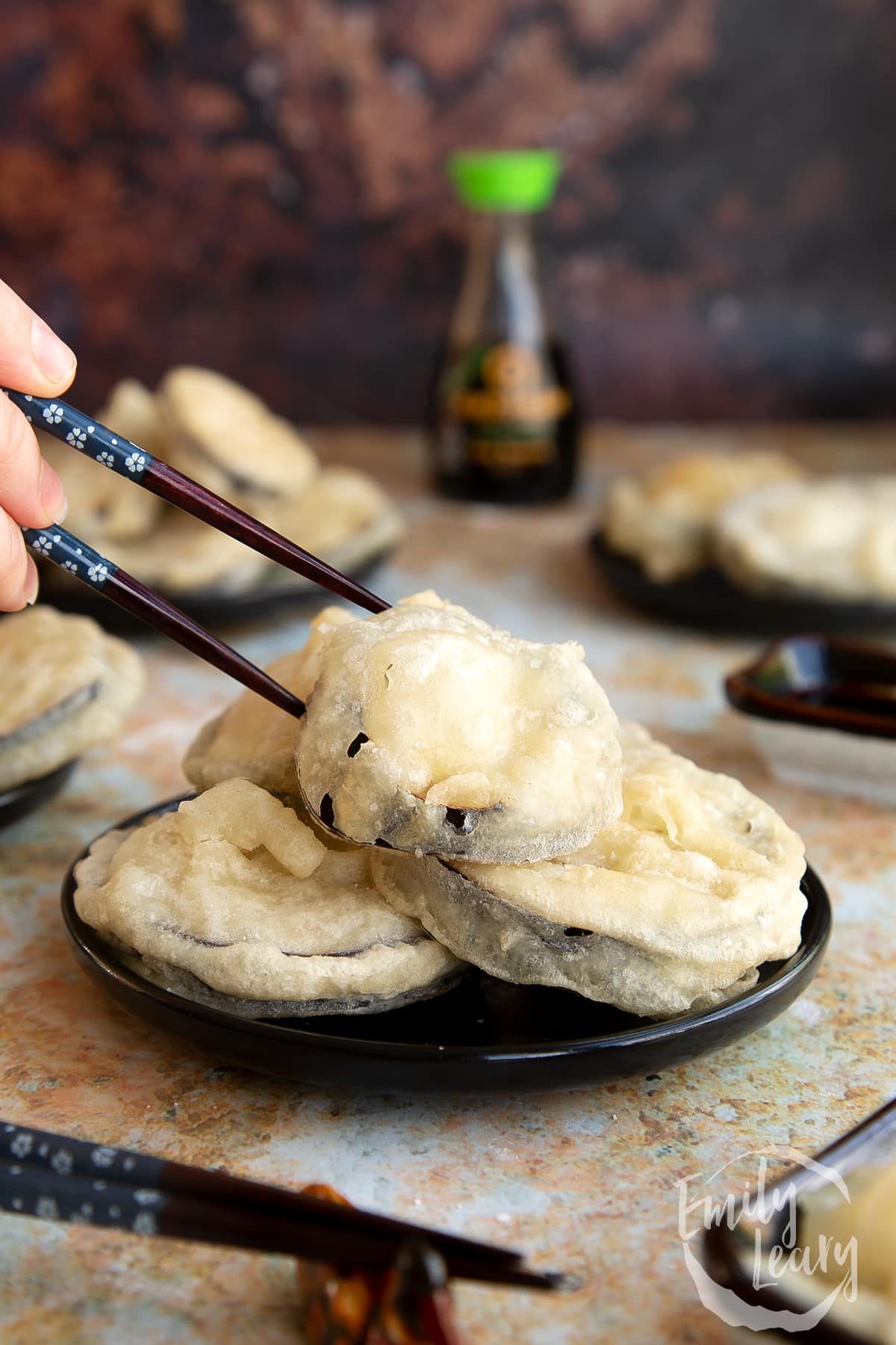 Side on shot of the finished eggplant tempura.