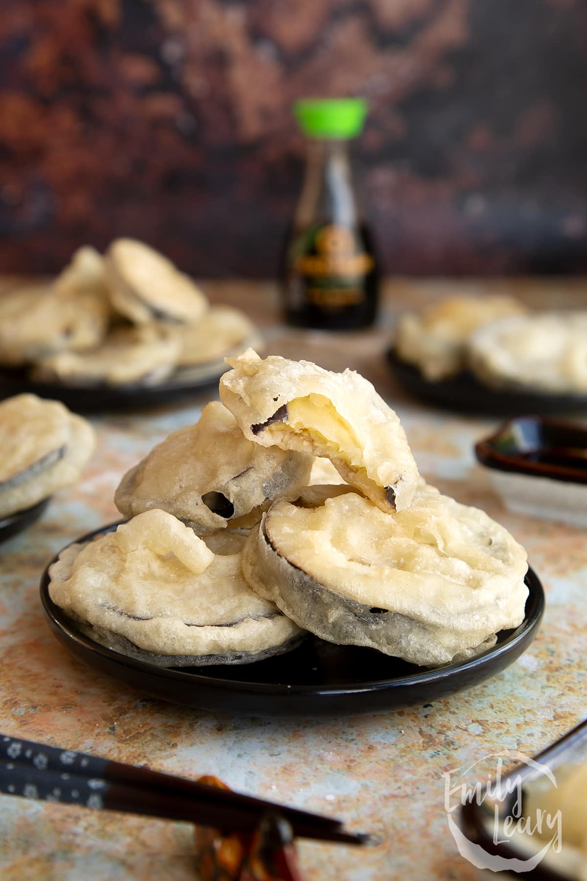 Close up shot of the finished eggplant tempura.