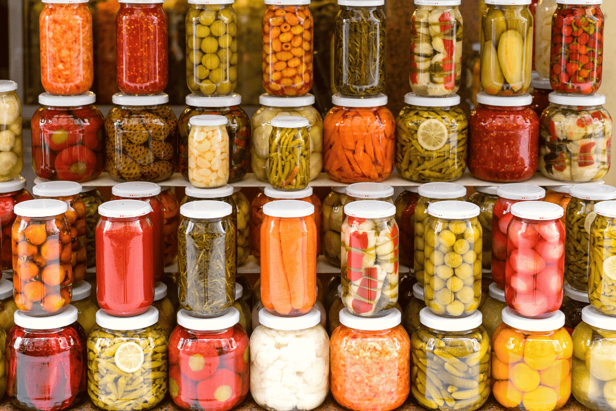 An image showing jars which have been sterilised and filled with pickled vegetables