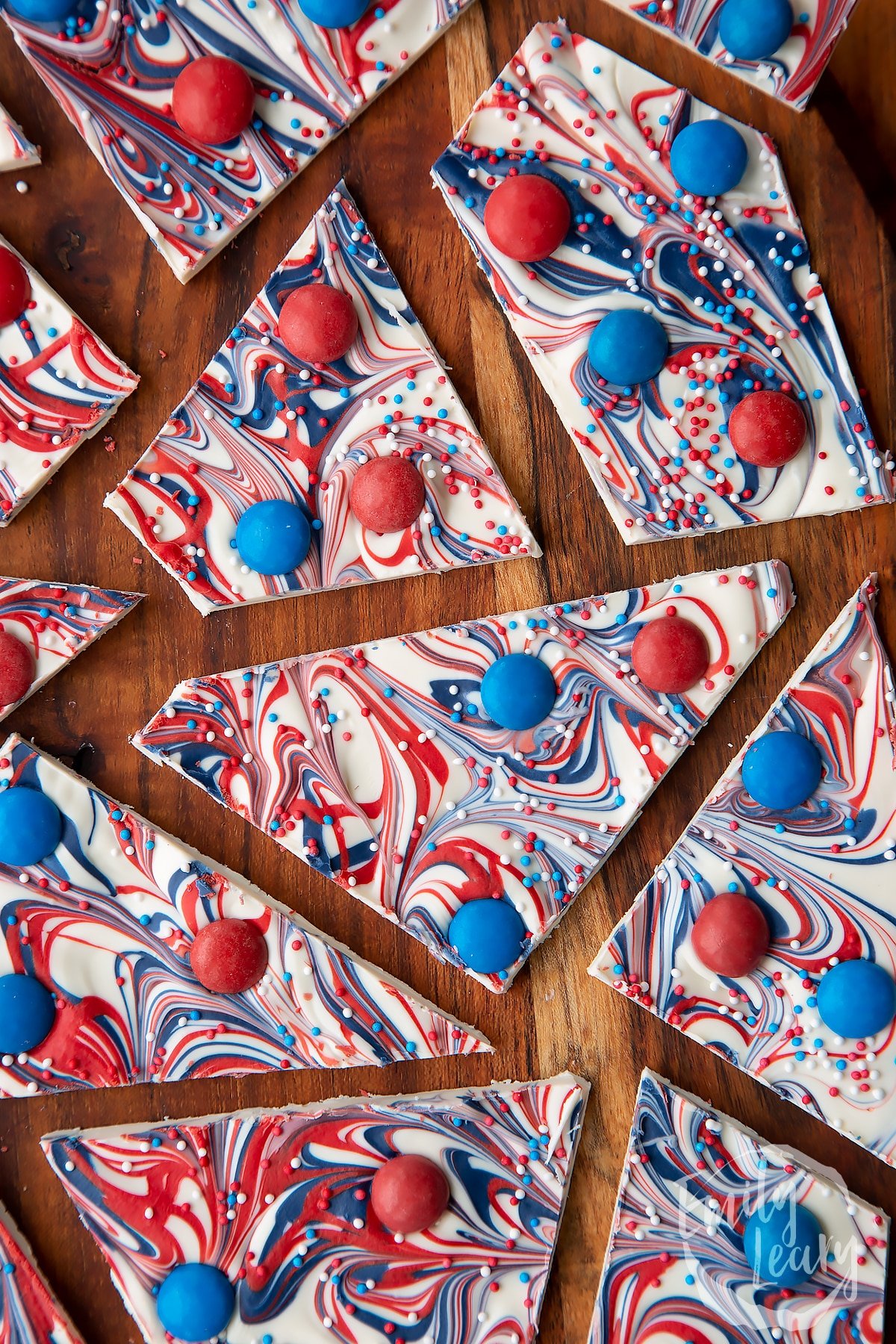 Overhead shot of the finished red, white and blue bark.