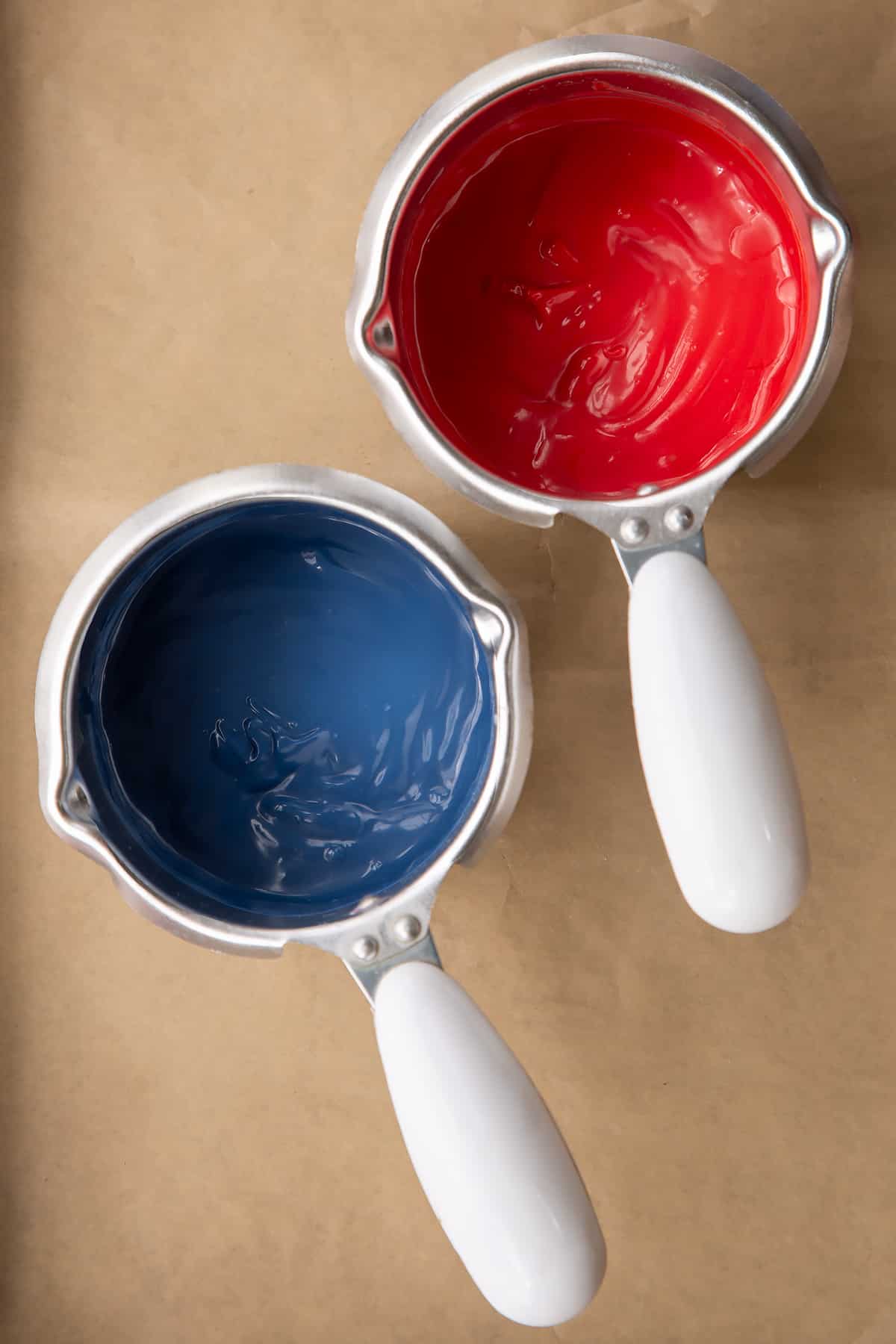 Overhead shot of the finished blue and red candy having been melted.