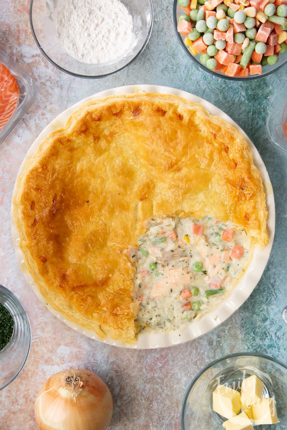Overhead shot of the finished salmon pot pie cut open.