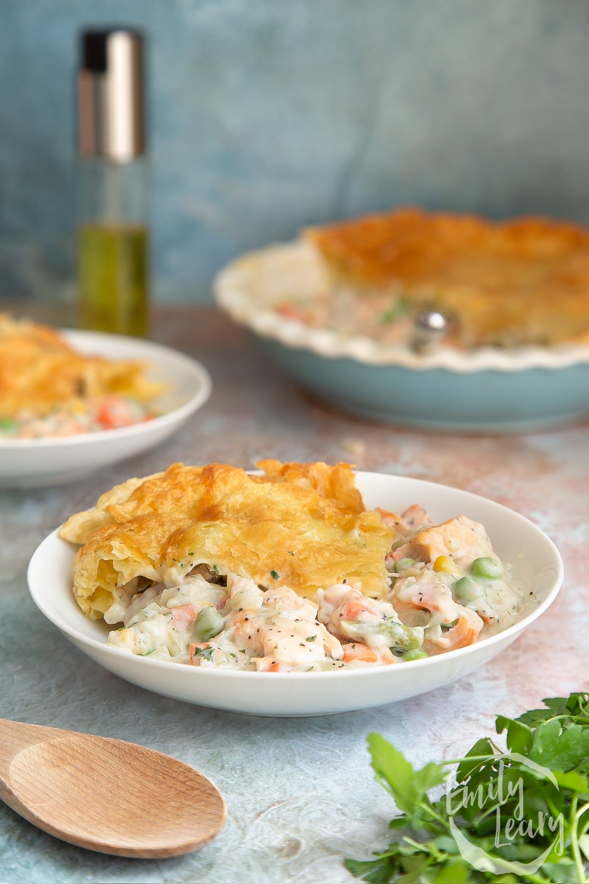 Finished bowl of salmon pot pie.