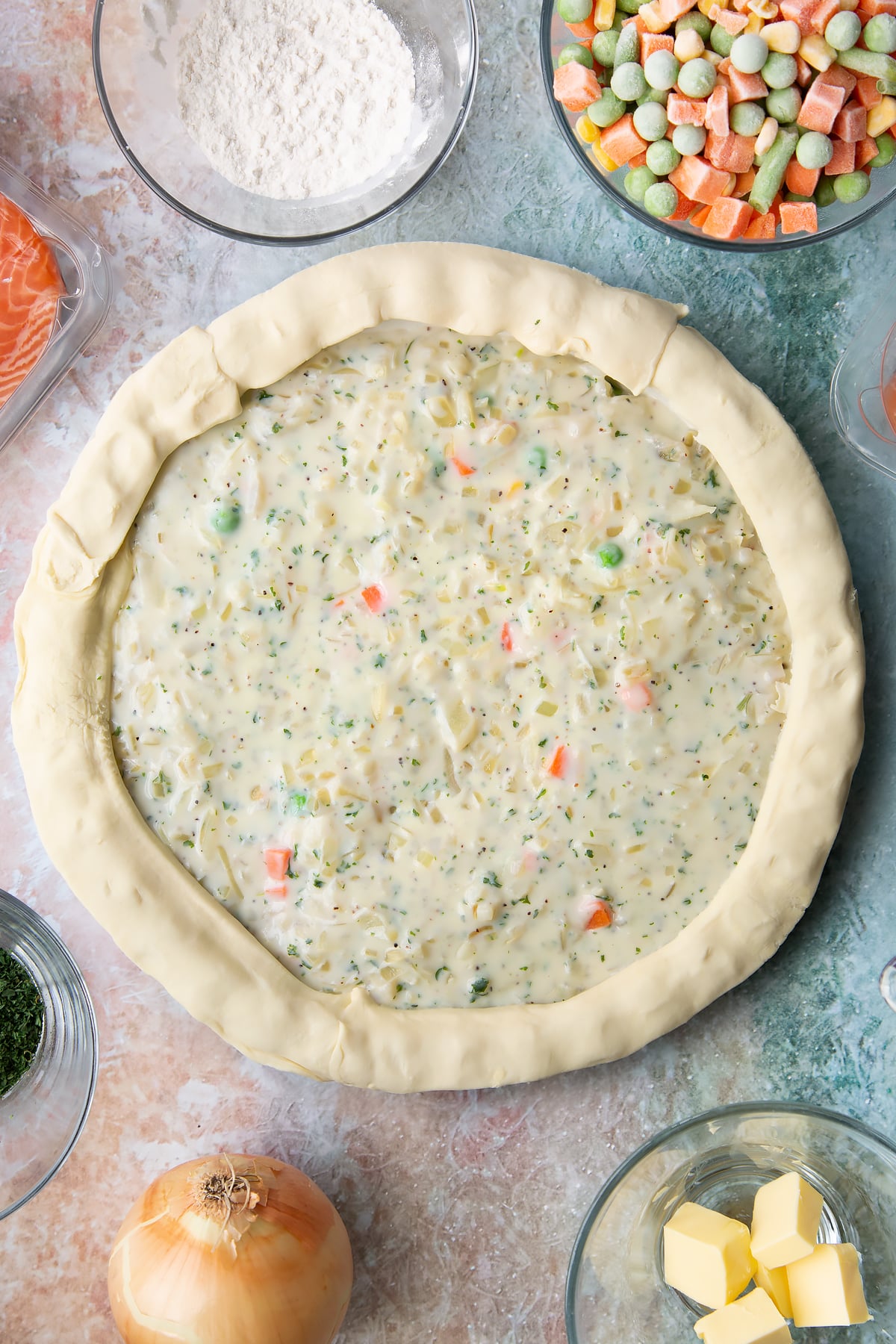 Overhead shot of the assembled salmon pot pie.