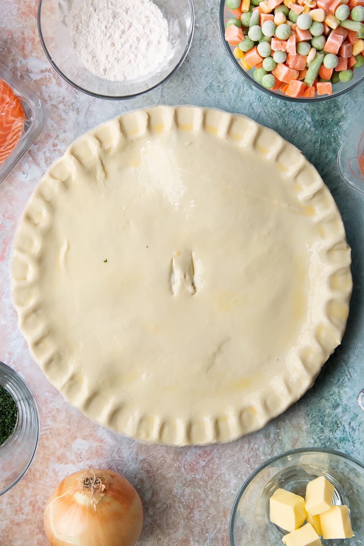 Marking the middle of the salmon pot pie.