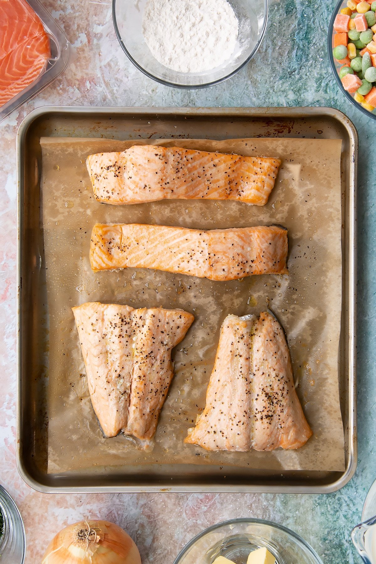 Overhead shot of the salmon having been in the oven.